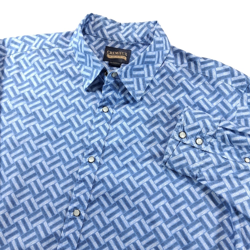 Cremieux Button Down Mens XXL Blue Geometric Snap Western Premium Denim Shirt - Picture 1 of 8